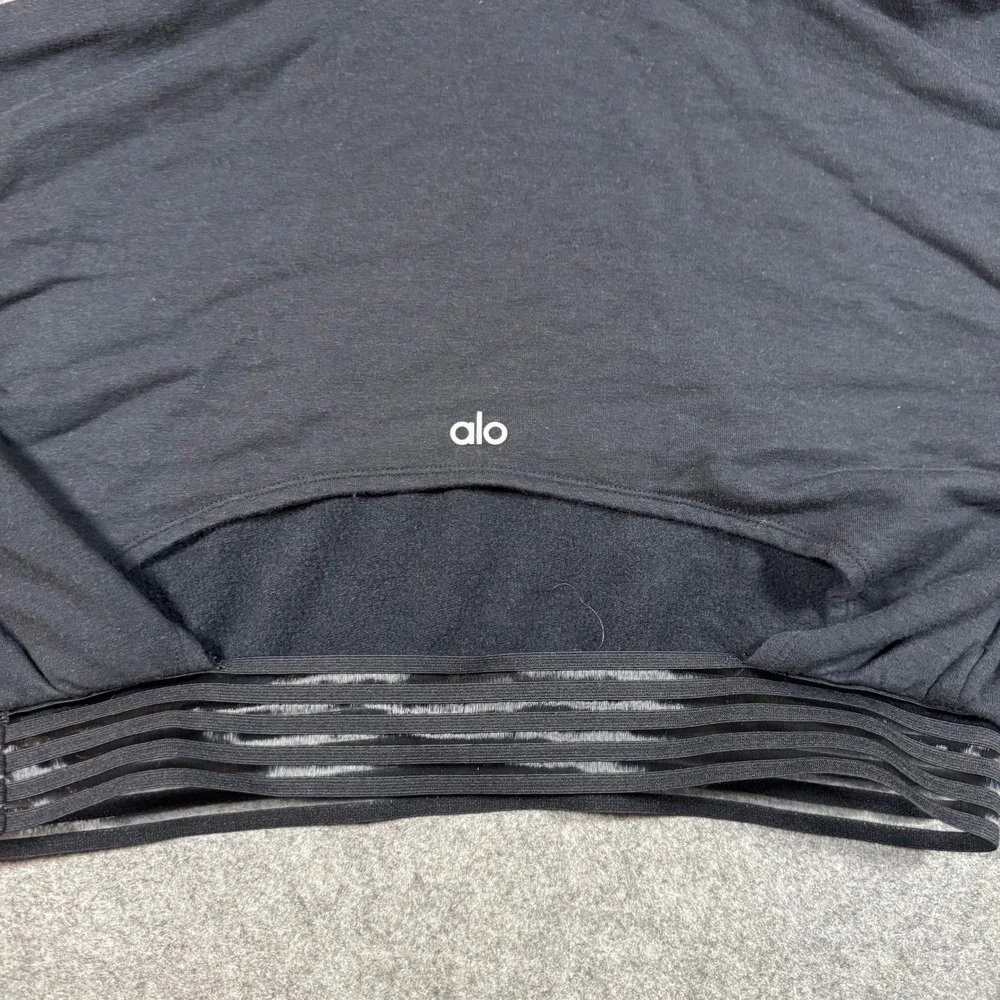 Alo Yoga Hoodie Womens XS Black Cropped Mesh Trim Back Cutout Fleece Sweatshirt